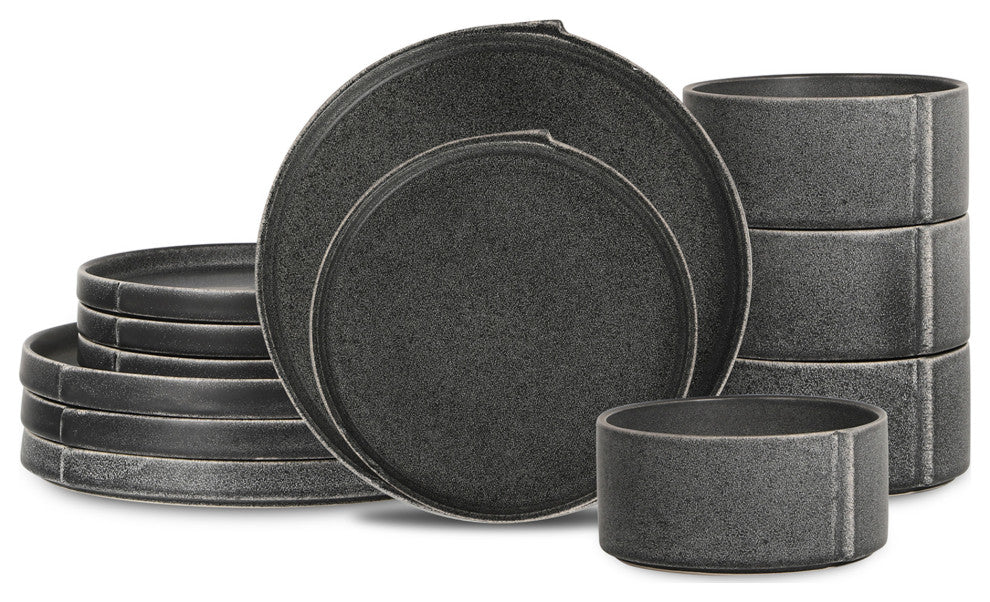 Stone Lain Bao Stoneware 12-Piece Dinnerware Set, Charcoal