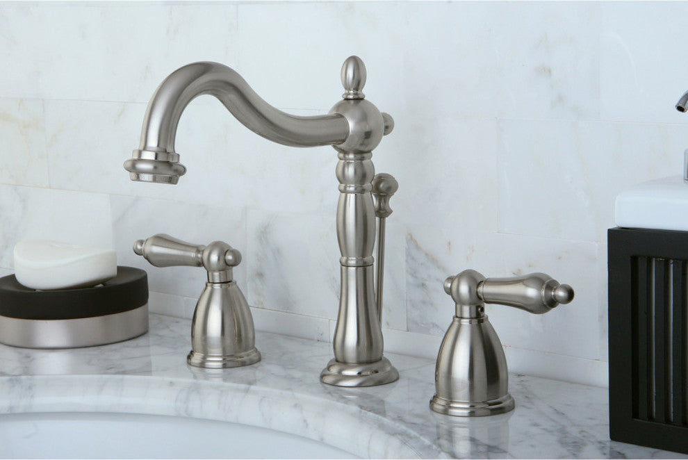 Kingston Brass Widespread Bathroom Faucet With Plastic Pop-Up, Brushed Nickel