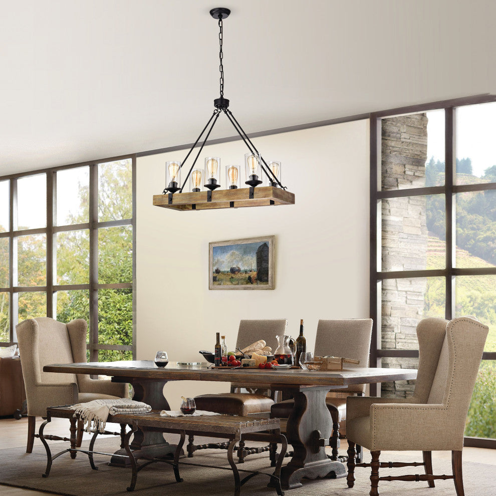 6-Light Matte Black and Vintage Wood Farmhouse Linear Chandelier Clear Glass