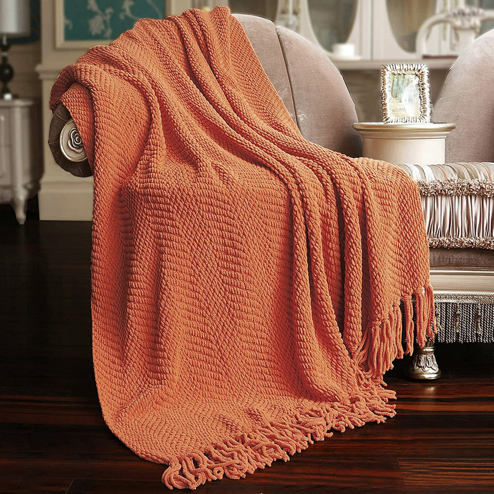 Tweed Knitted Throw Blanket, Rust, 60"x80"