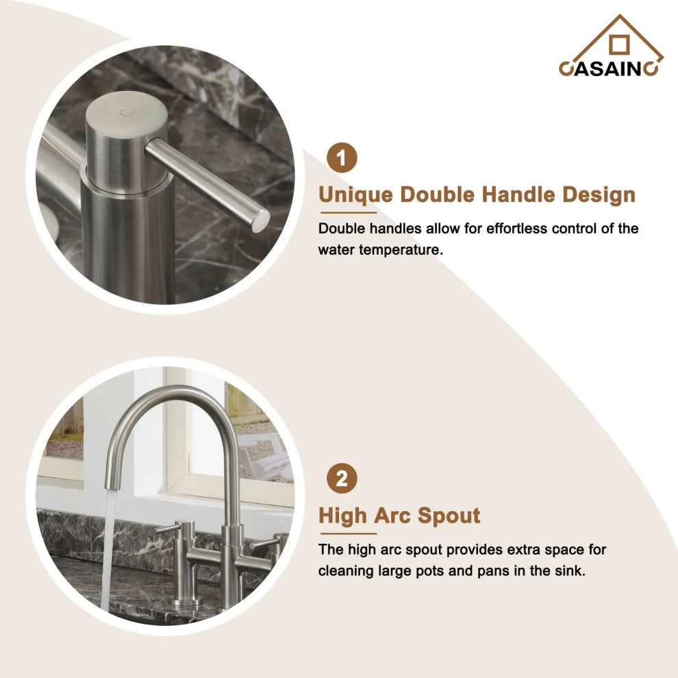 CASAINC Bridge Kitchen Faucet Double Handle with Side Sprayer 3 Color, Brushed Nickel