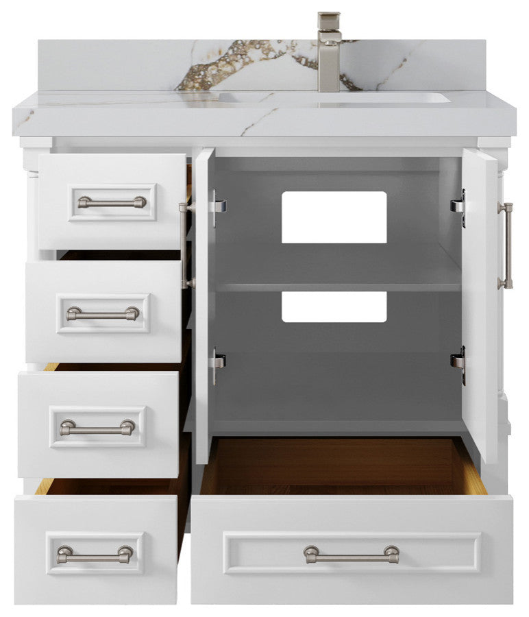 Aberdeen 36 Right Offset Bath Vanity in White 2" Calacatta Gold