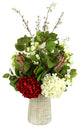 Assorted Hydrangea and Protea Floral Arrangement in Etched Clay Vase