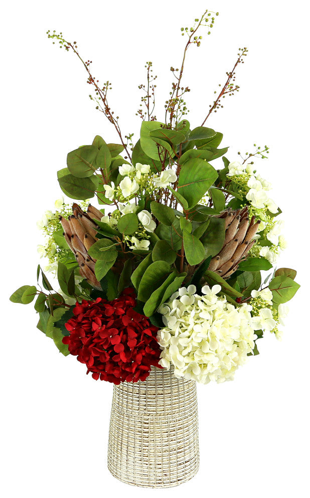 Assorted Hydrangea and Protea Floral Arrangement in Etched Clay Vase