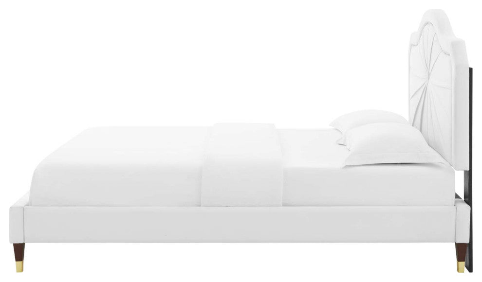 Platform Bed Frame, King Size, Velvet, White, Modern Contemporary, Bedroom