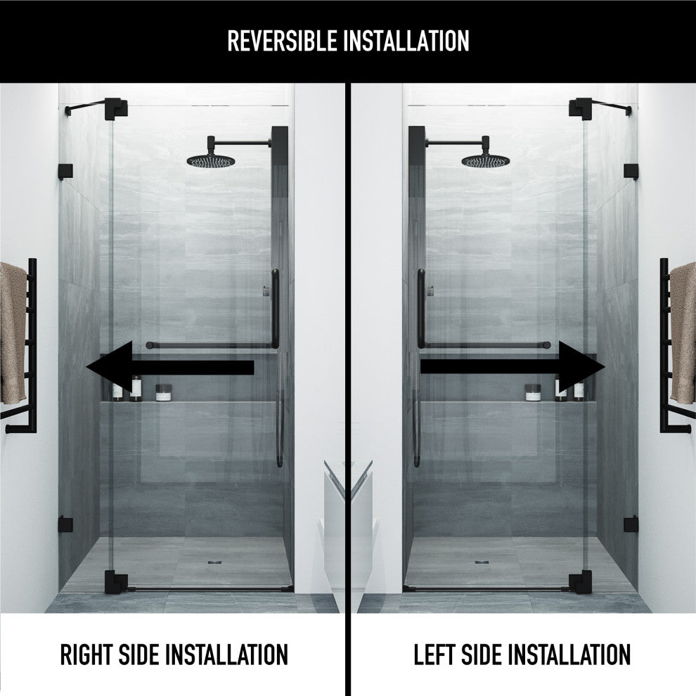 VIGO Pirouette 30" to 36" W x 72" H Frameless Pivot Shower Door, Matte Black, Clear Glass