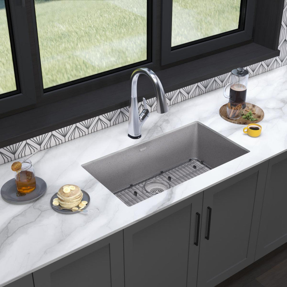 Quartz Classic 33" Single Bowl Undermount Sink Kit With Filtered Faucet, Greysto