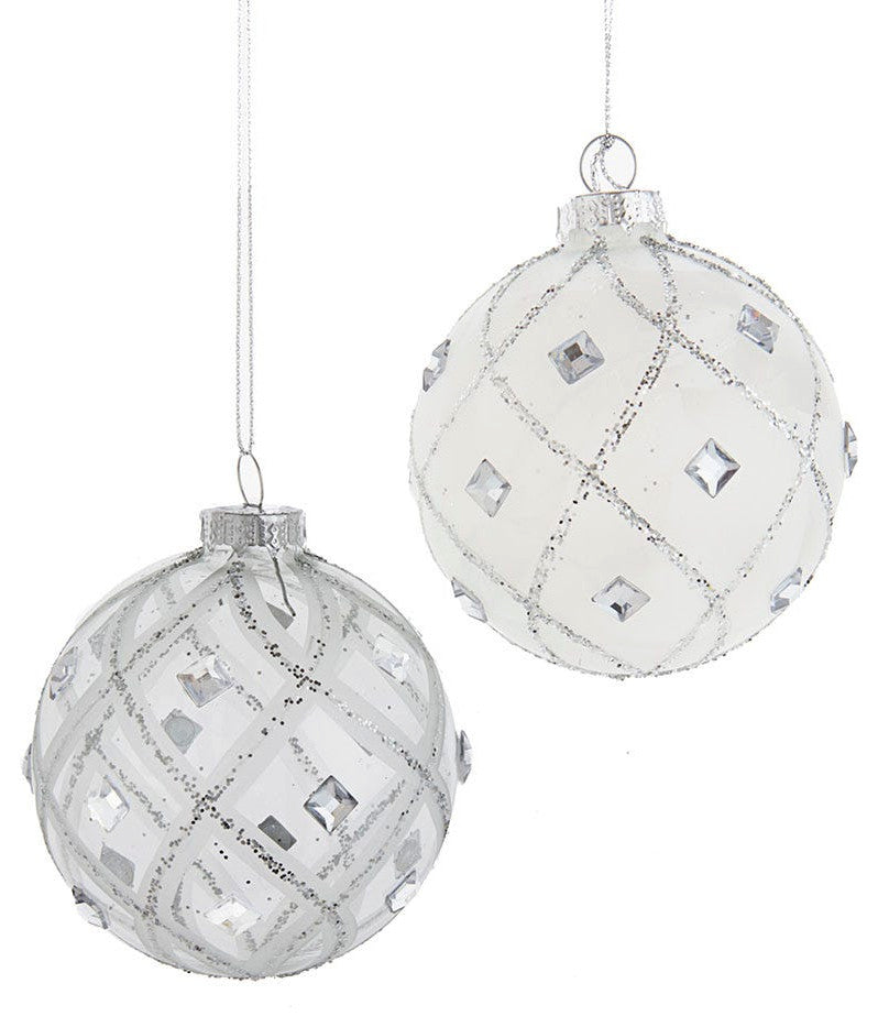 Kurt Adler 80MM Jeweled Clear Feather White Ball Ornaments, 6 Piece Set