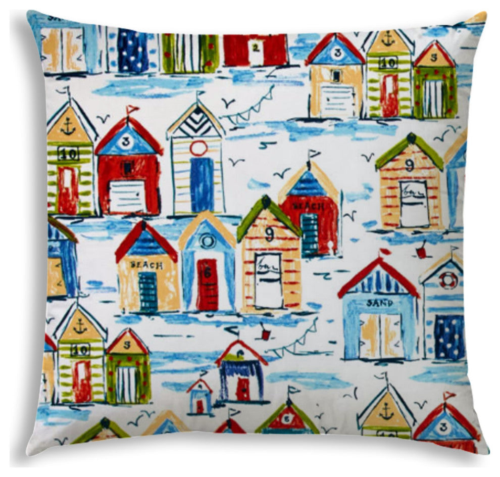 20" Blue Beach House Indoor Outdoor Zippered Pillow Cover