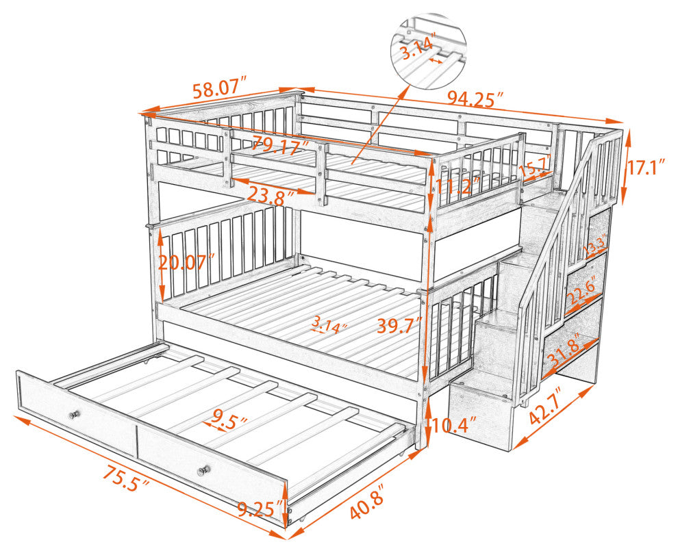 Gewnee Pine Wood Full Over Full Bunk Bed with Trundle and Stairway in White