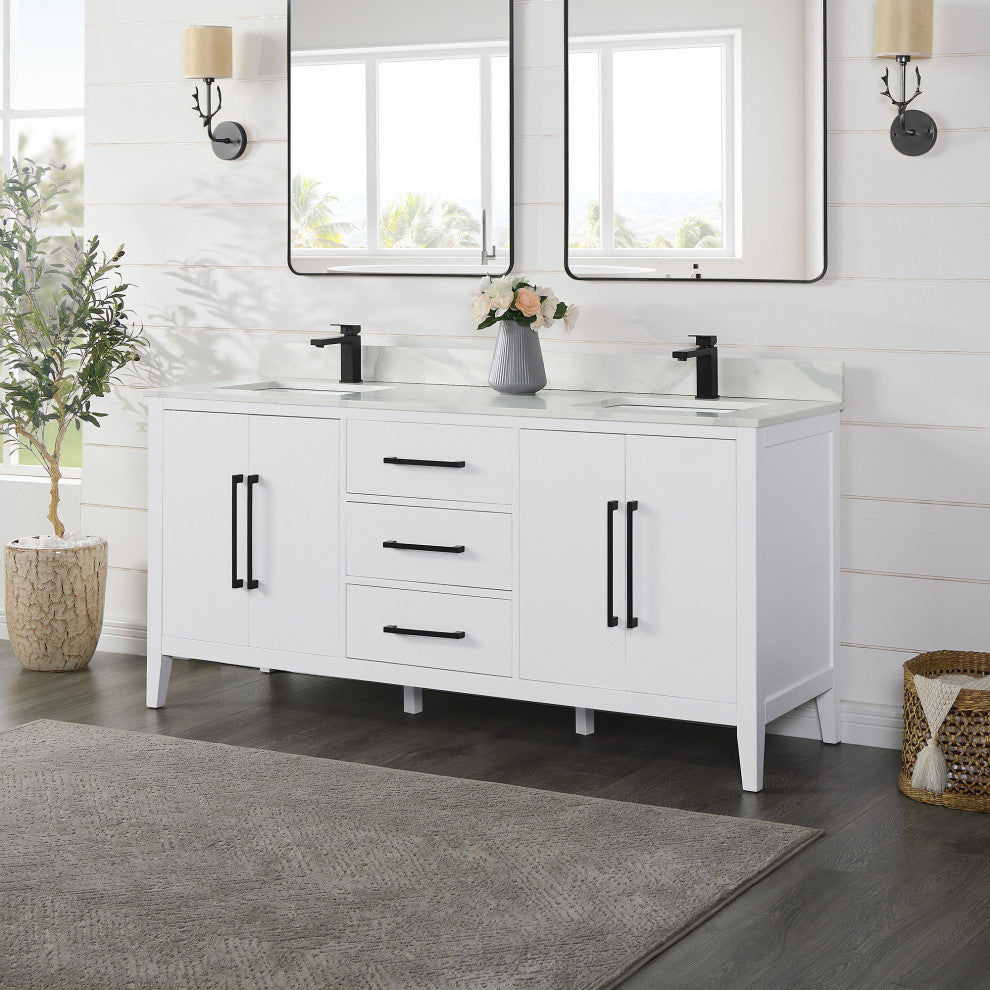 Laurel Bathroom Vanity with Calacatta White Quartz Stone Countertop, White, 72", Without Mirror