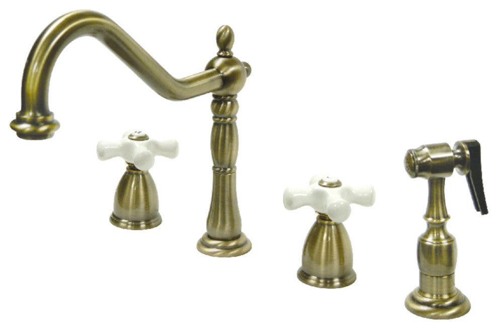 Kingston Brass Widespread Kitchen Faucet With Brass Sprayer, Antique Brass