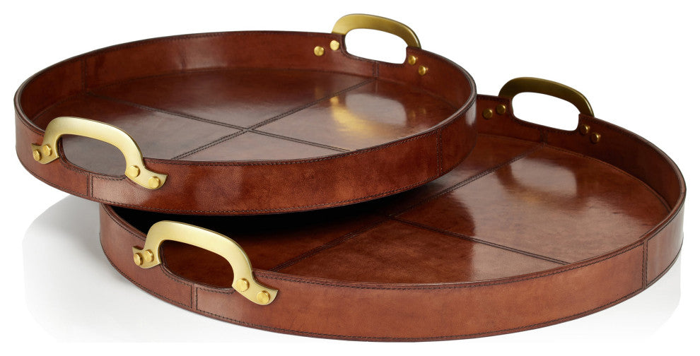Harlow Leather With Brass Handles Round Tray, Almond Brown, Small- 20"