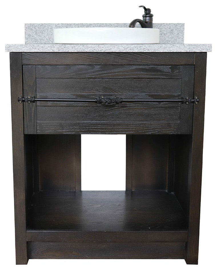 30" Single Vanity, Brown Ash, Gray Granite Top, Round Sink