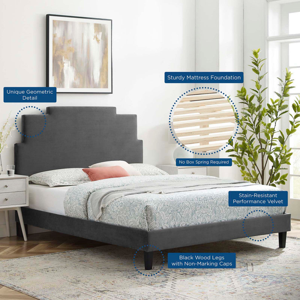 Platform Bed Frame, King Size, Velvet, Dark Gray, Modern Contemporary
