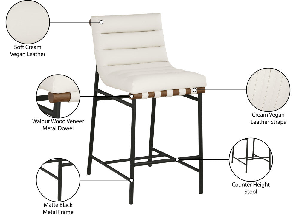 Burke Counter Stool, Cream, Vegan Leather, Walnut Veneer Metal Dowel