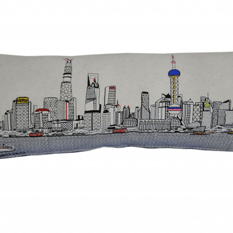 35" White Shanghai Daylight Skyline Lumbar Decorative Pillow