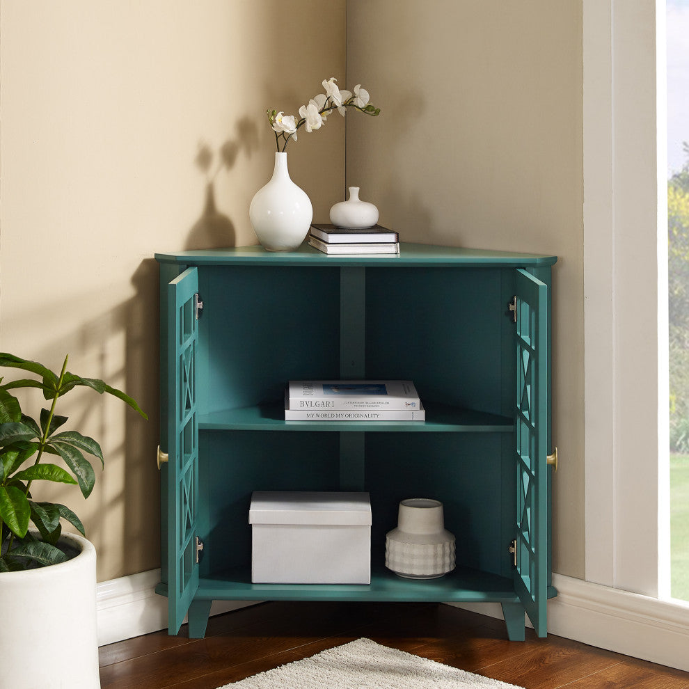 Lifestyle image with the cabinet doors open showing interior storage.