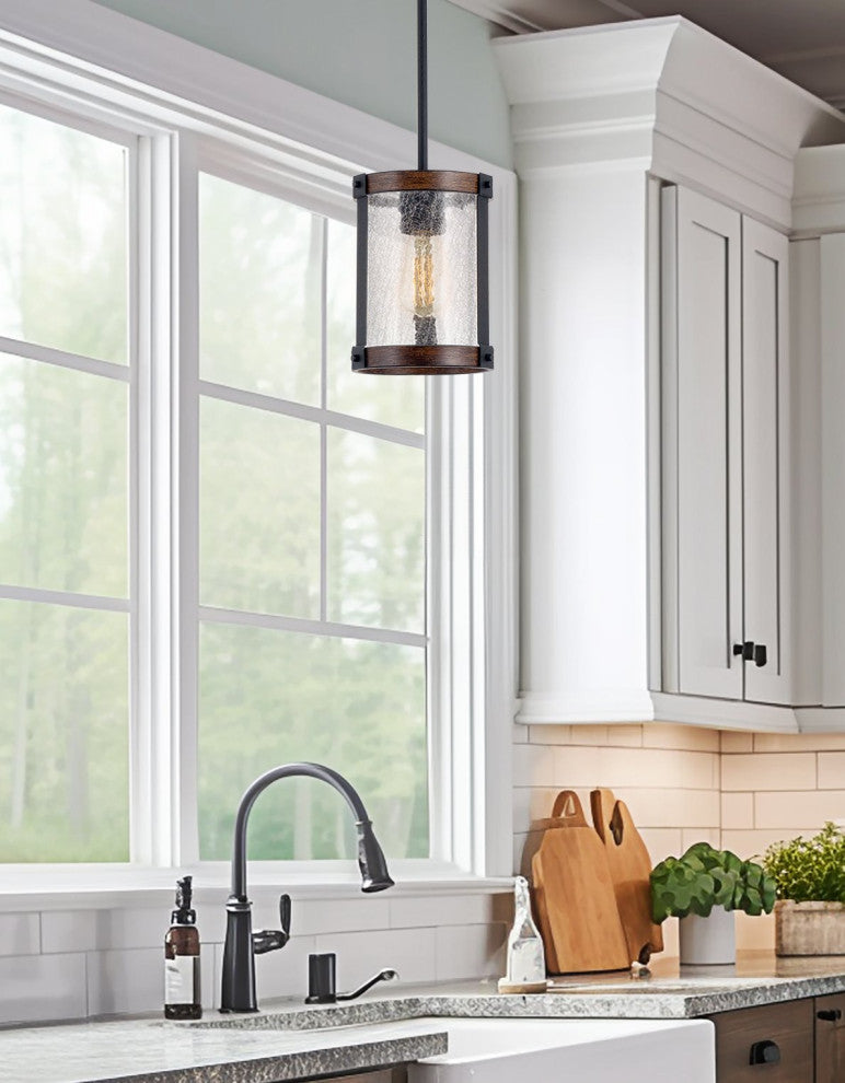 Kira Home Hadley 9" Farmhouse Pendant Light, Crackled Glass Shade, Wood Style