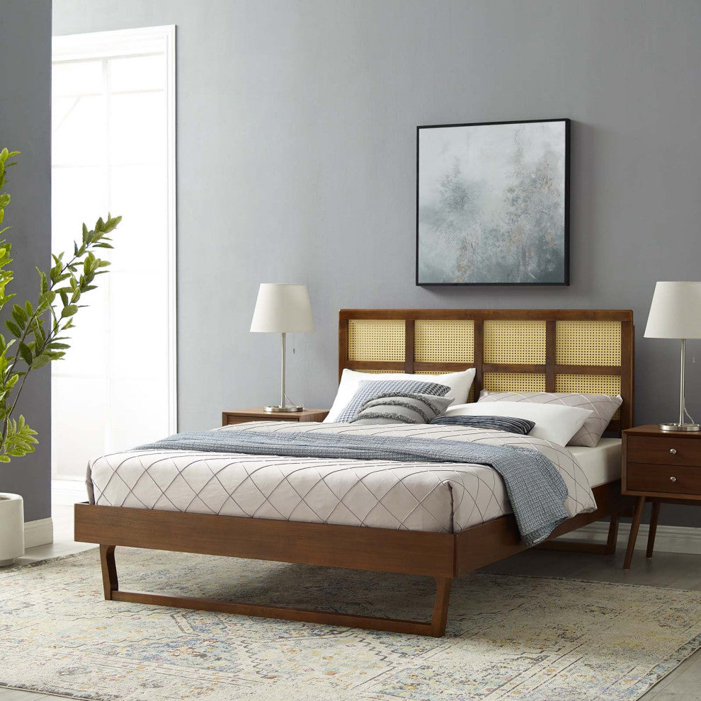 Platform Bed Frame, Queen Size, Wood, Brown Walnut, Modern Mid-Century, Bedroom