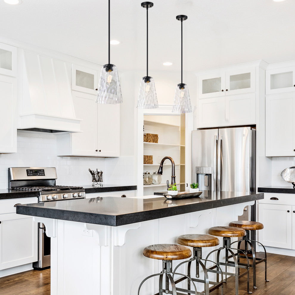 1-Light Matte Black 8 in. Mini Pendant With Hammered Glass Shade