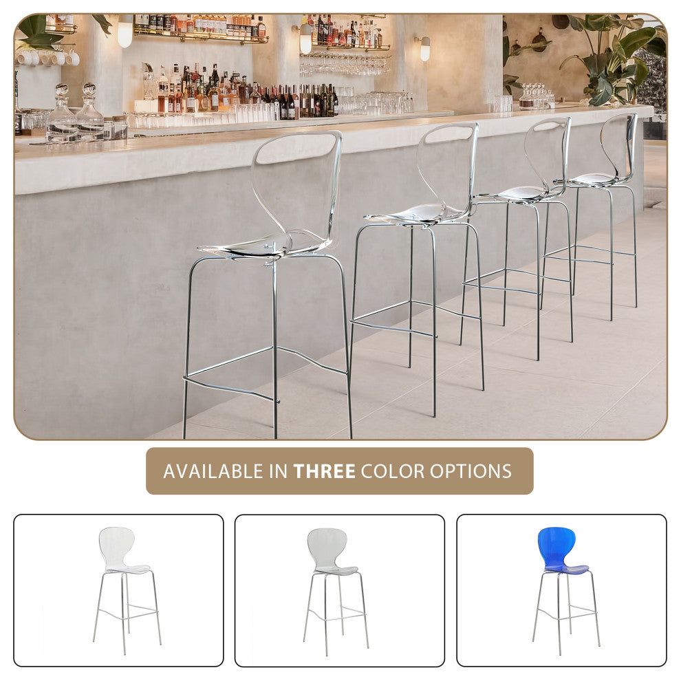LeisureMod Oyster Acrylic Barstool With Steel Frame in Chrome Finish, Clear