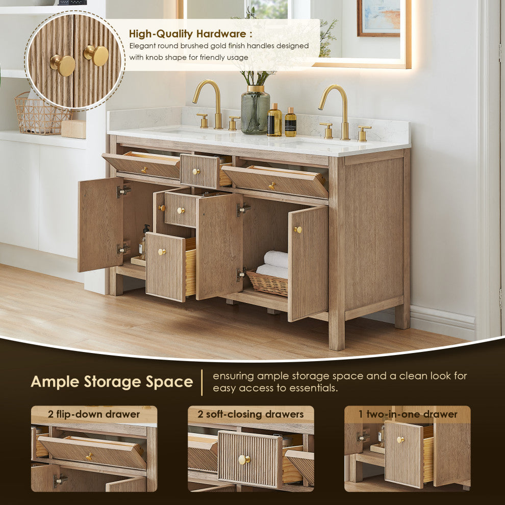 Cerrito Bathroom Vanity, Natural Oak, 60" Double, Without Mirror