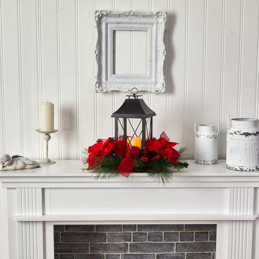 15" Holiday Poinsettia, Pinecone & Greenery W/ Lantern & LED Candle Arrangement