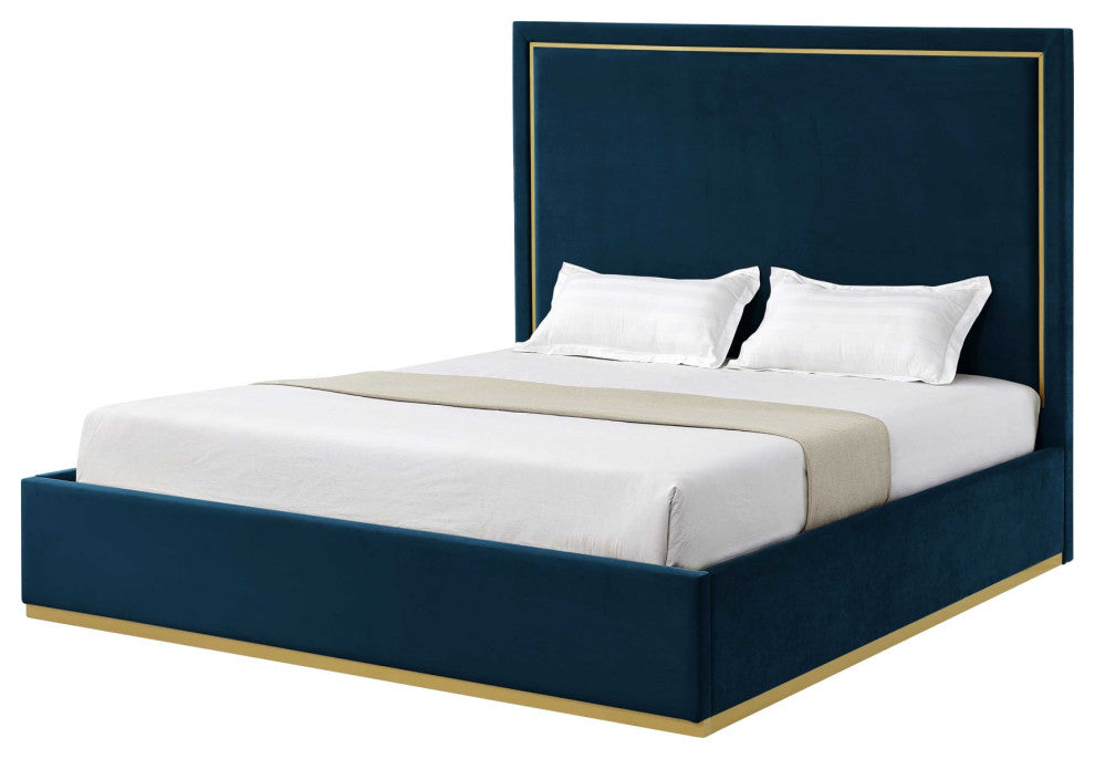 Inspired Home Marceline Bed Upholstered, Navy Velvet Queen