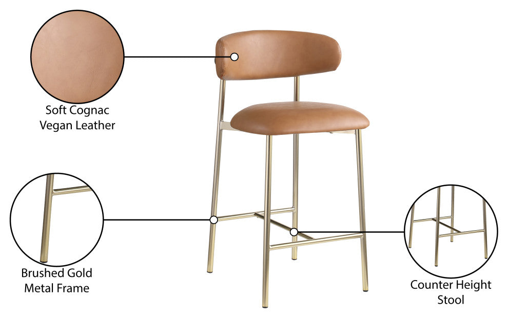 Lupita Upholstered Counter Stool, Cognac, Vegan Leather, Brushed Gold, Set of 2