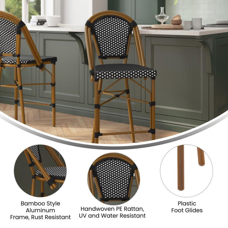 Set of 2 Stackable Indoor/Outdoor French Bistro 26" High Bar Stools, Black & White/Natural Frame