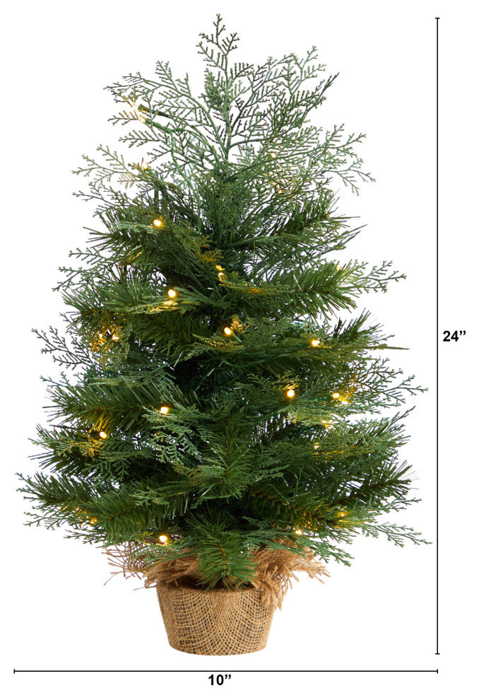 2' Artificial Christmas Tree, Burlap Base With 35 Warm White LED Lights