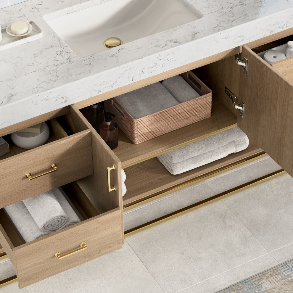 Bahia Bath Vanity, Oak, 60", Brushed Gold Hardware, Single, Freestanding