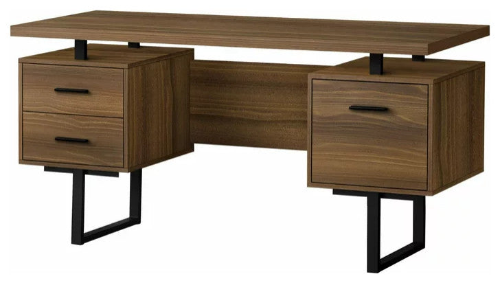 Modern Desk, Floating Top With 2 Drawers & Storage Cabinet, Walnut