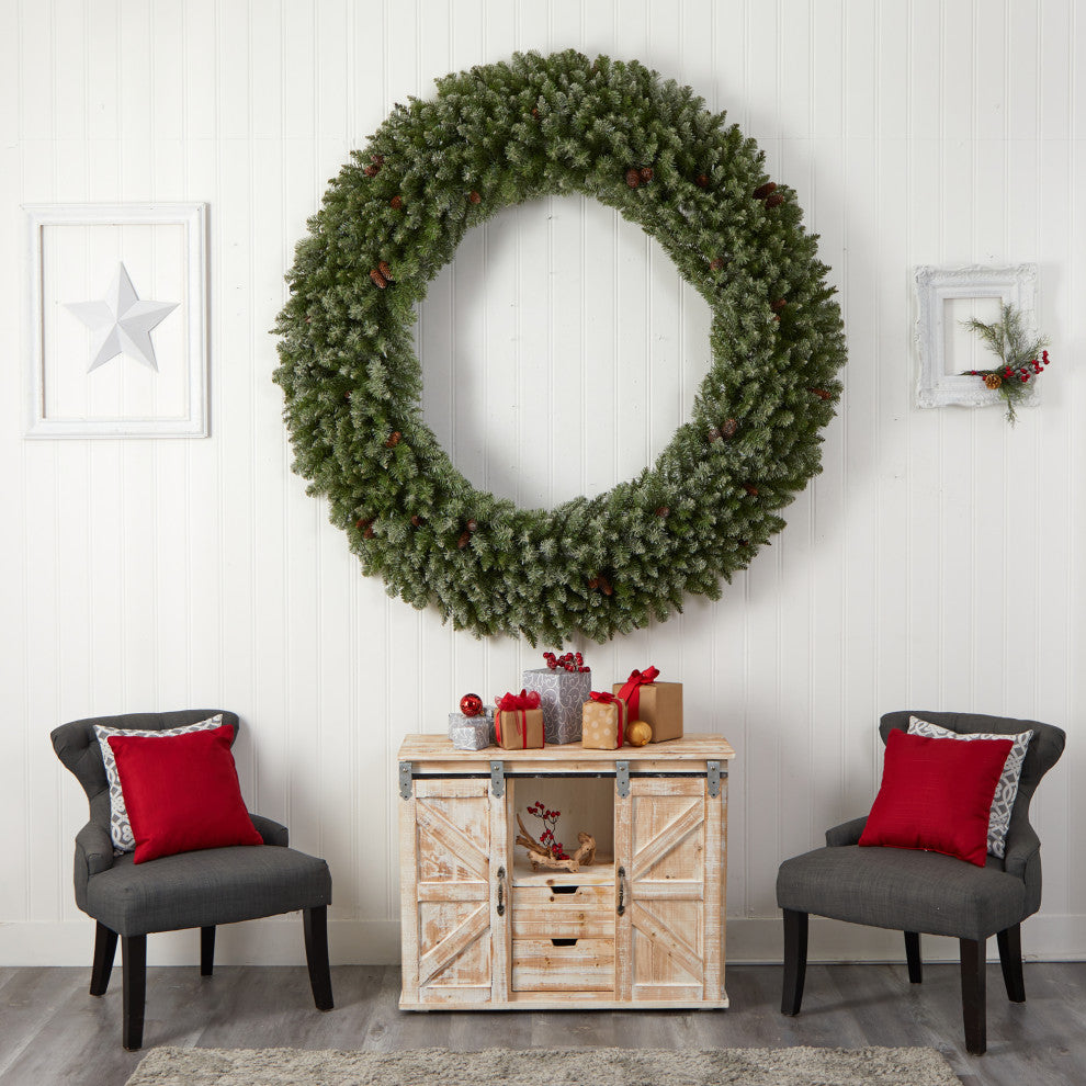 6' Giant Flocked Artificial Christmas Wreath With Pinecones, 400 Clear LEDs