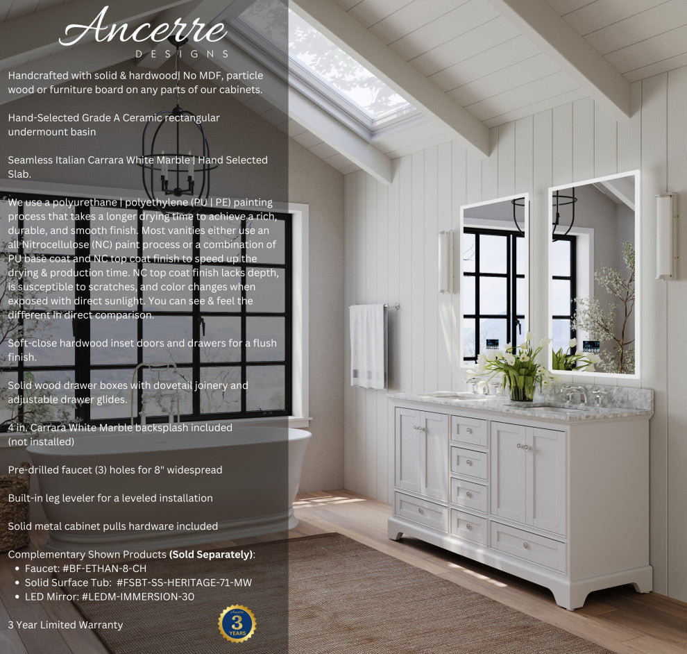 Audrey Vanity Set, White, 66", Brushed Nickle Hardware, No Mirror