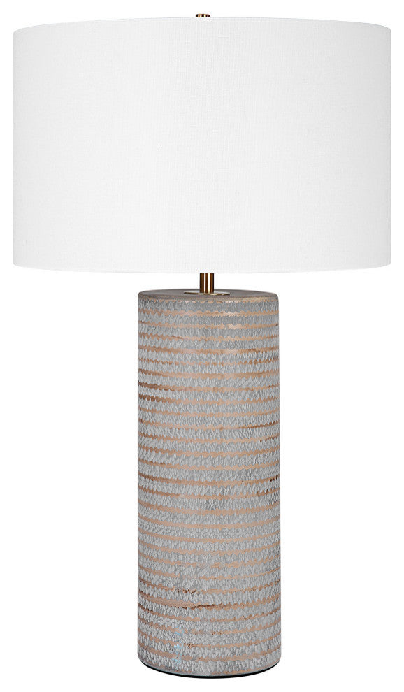 Rustic Chiseled Gray Brown Stripe Cylinder Table Lamp 29in Carved Ceramic Bronze