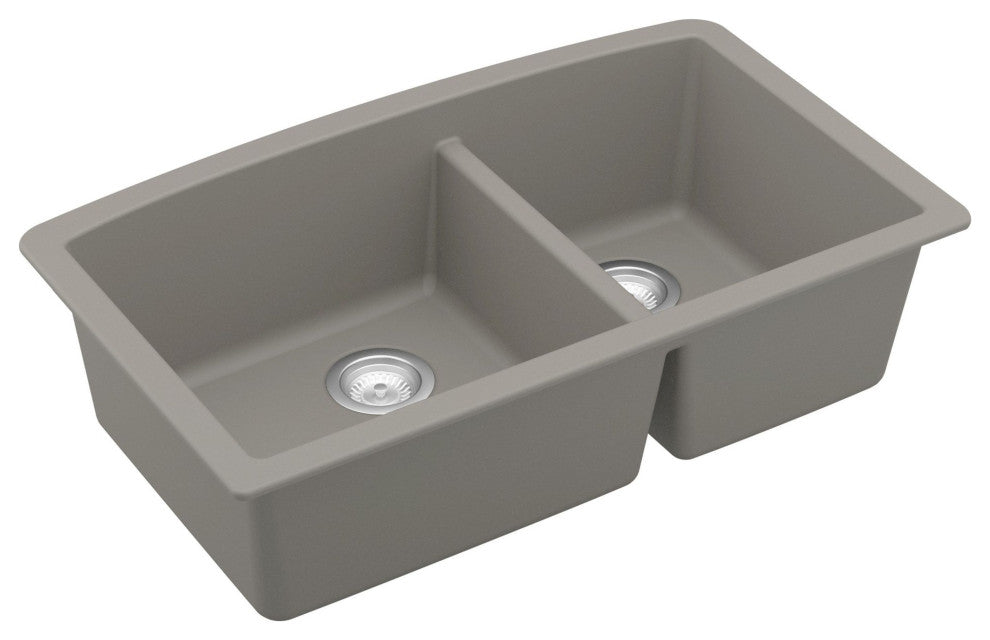Karran Undermount Quartz 32" 60/40 Double Bowl Kitchen Sink Kit, Concrete