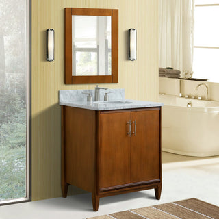 31" Single Sink Vanity, Walnut Finish, White Carrara Marble With Oval Sink