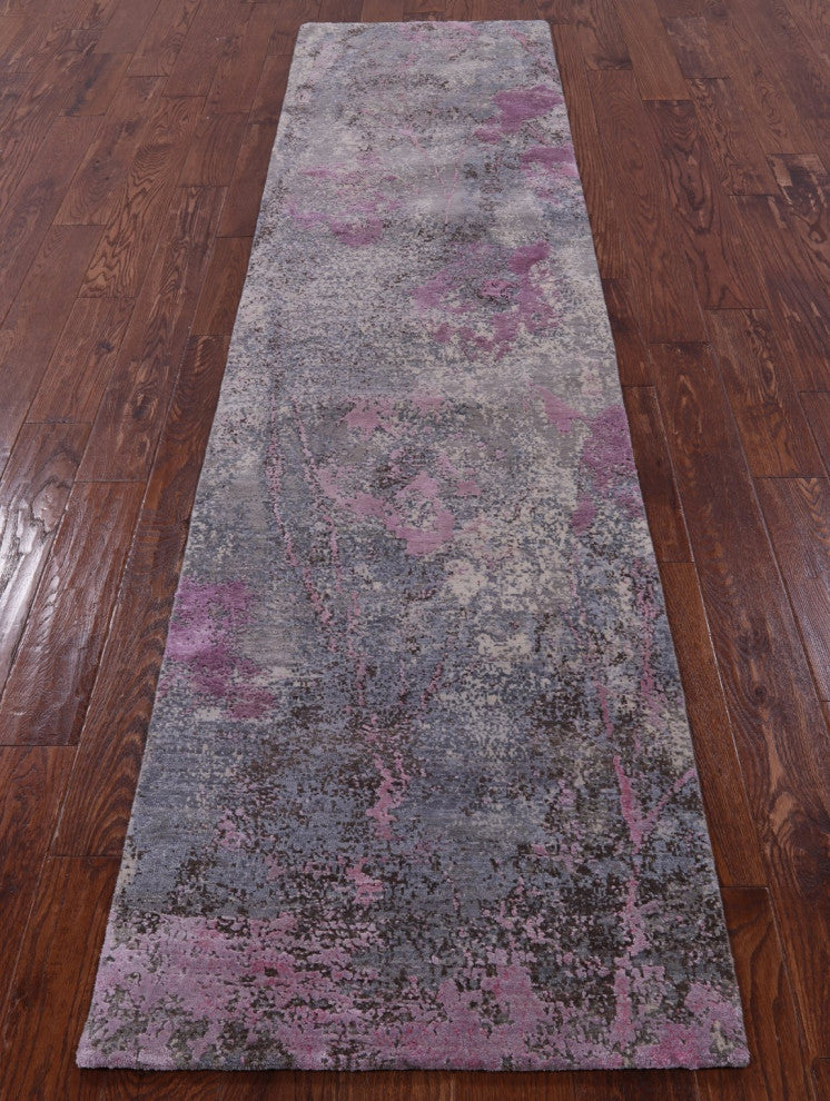 2' 4" X 10' 3" Runner Hand Knotted Wool and Silk Abstract Rug Q9070