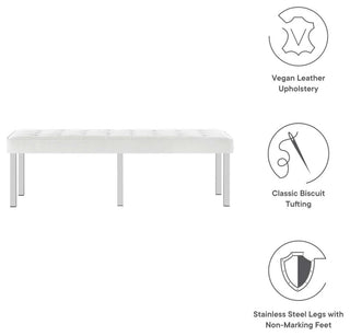 Loft Tufted Large Upholstered Faux Leather Bench Silver White