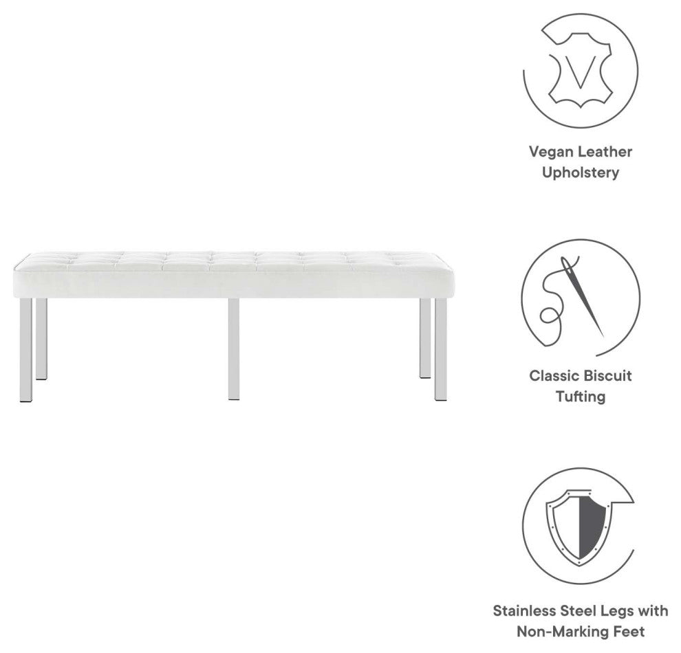 Loft Tufted Large Upholstered Faux Leather Bench Silver White