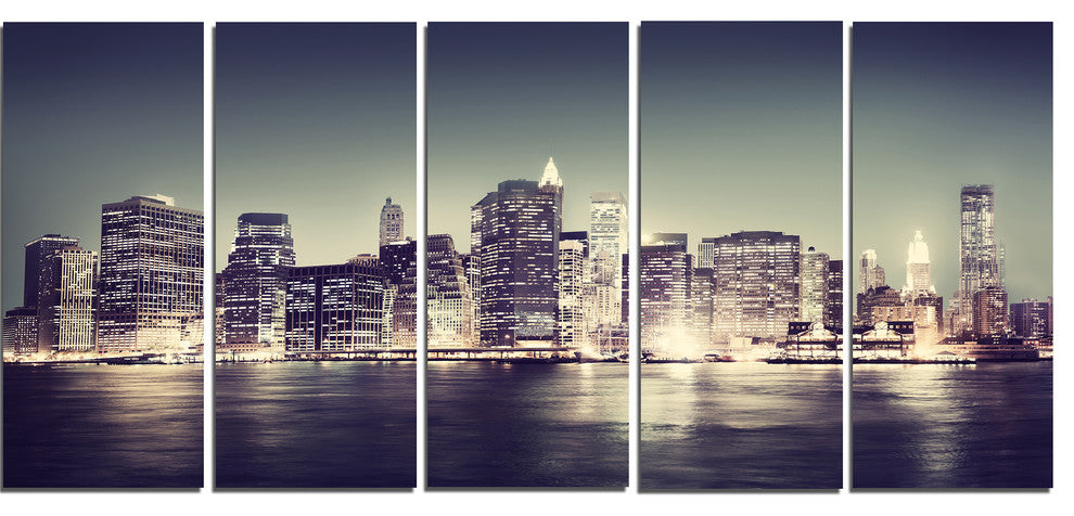 Black and White NYC Night Panorama, Canvas Print, 60"x28", 5 Panels