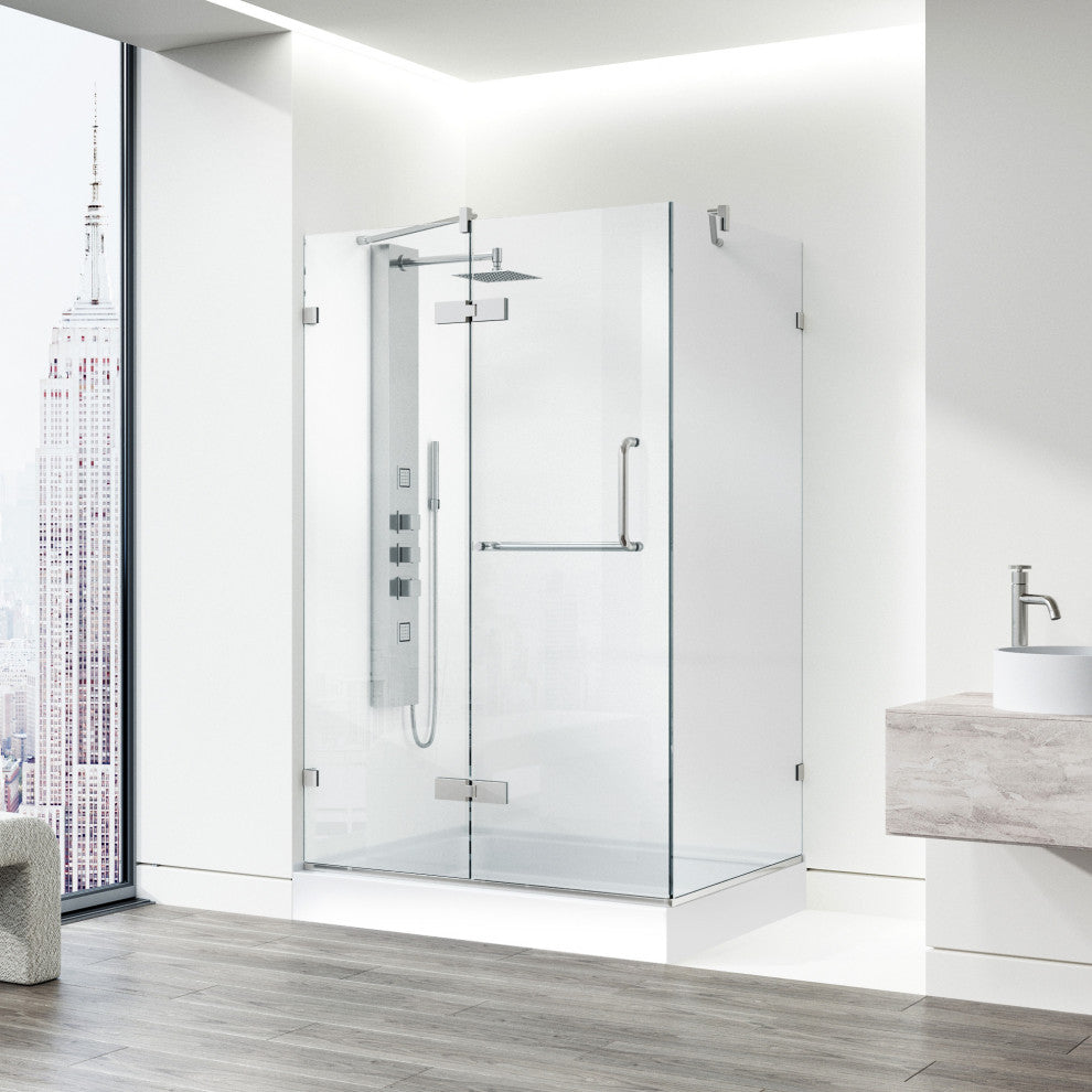 VIGO Monteray 36"D x 48"W x 79"H Frameless Hinged Shower Enclosure, Brushed Nickel, Left Base