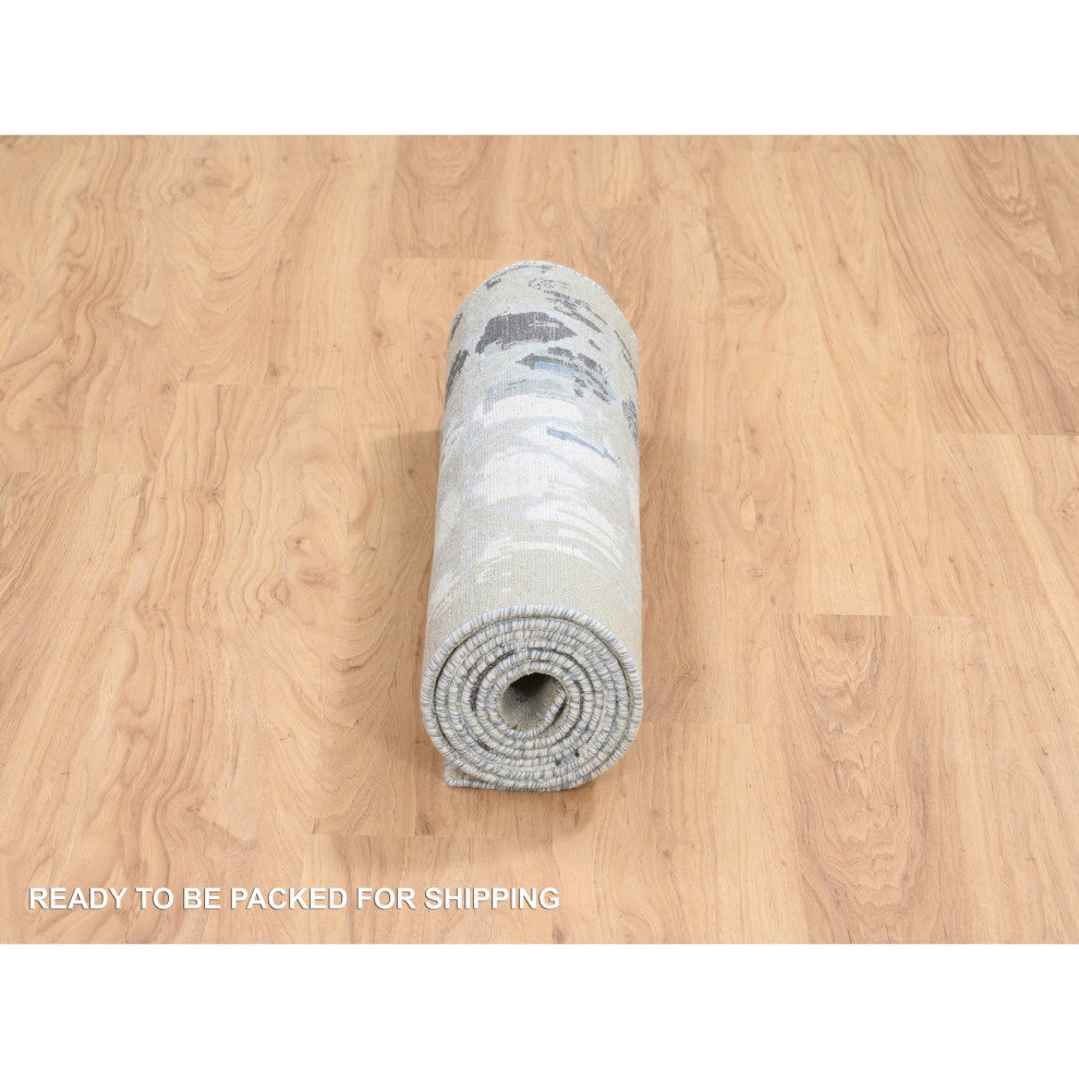 Gray and Blue, THE HONEYCOMB, Wool and Silk Hand Knotted Runner Rug, 2'6"x8'0"