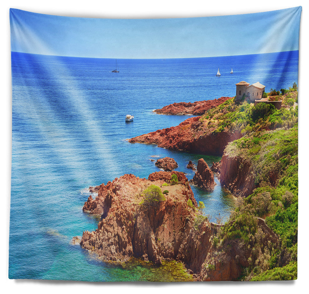 Esterel Rocks Beach Coast Landscape Wall Tapestry, 92"x78"