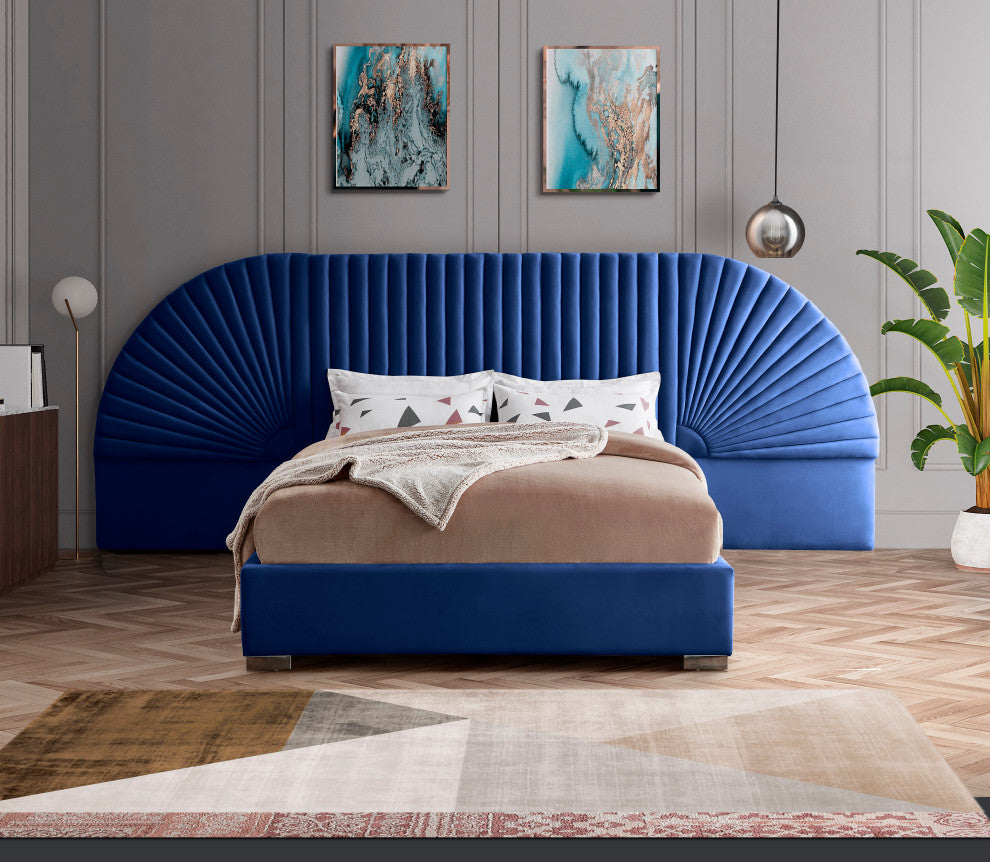 Cleo Velvet Upholstered Bed With Custom Gold Steel Legs, Navy, King