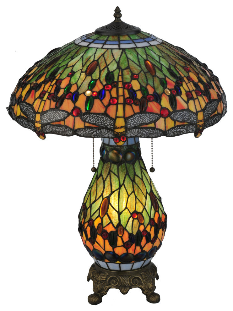 Tiffany Hanginghead Dragonfly Lighted Base Table Lamp, Green/Brown