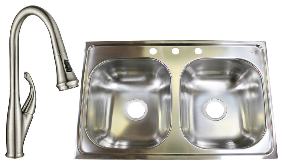 33" Drop-In Stainless Steel 3-Hole 50/50 Double Bowl Kitchen Sink and Faucet Set