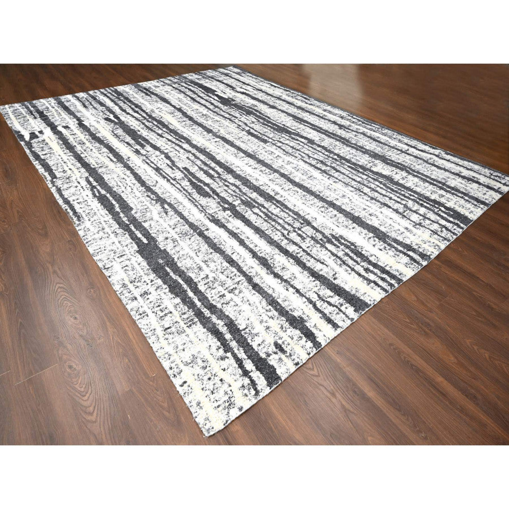 Black With Ivory Hand Knotted Wool Modern Design Oversize Oriental Rug 12'x14'9"